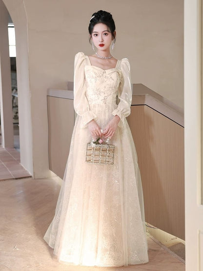 Long-Sleeve Square Neck Rhinestone  Plain Ruffle A-Line Evening Gown