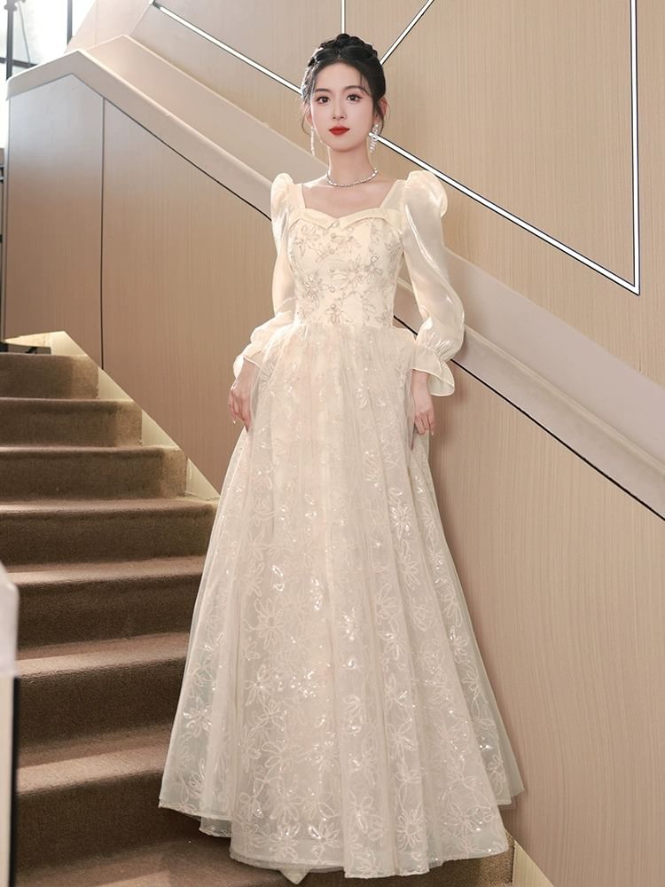 Long-Sleeve Square Neck Rhinestone  Plain Ruffle A-Line Evening Gown