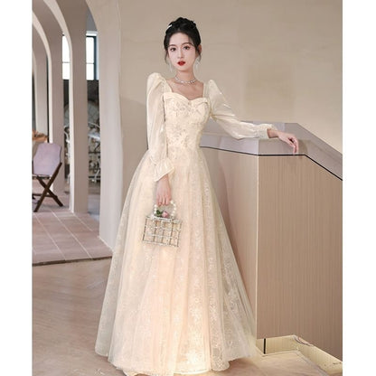 Long-Sleeve Square Neck Rhinestone  Plain Ruffle A-Line Evening Gown