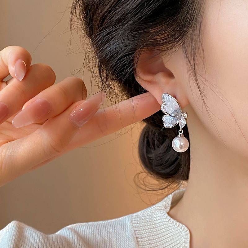 Alloy Drop Butterfly Faux Earring Crystal Pearl