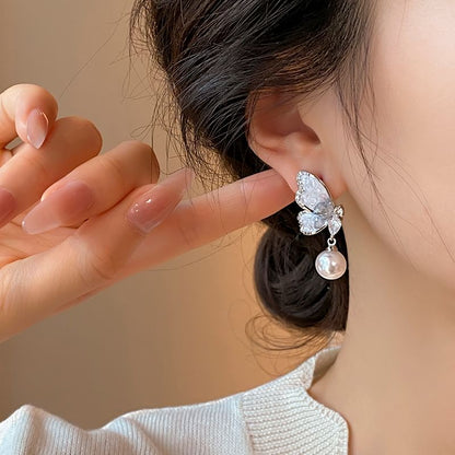 Alloy Drop Butterfly Faux Earring Crystal Pearl