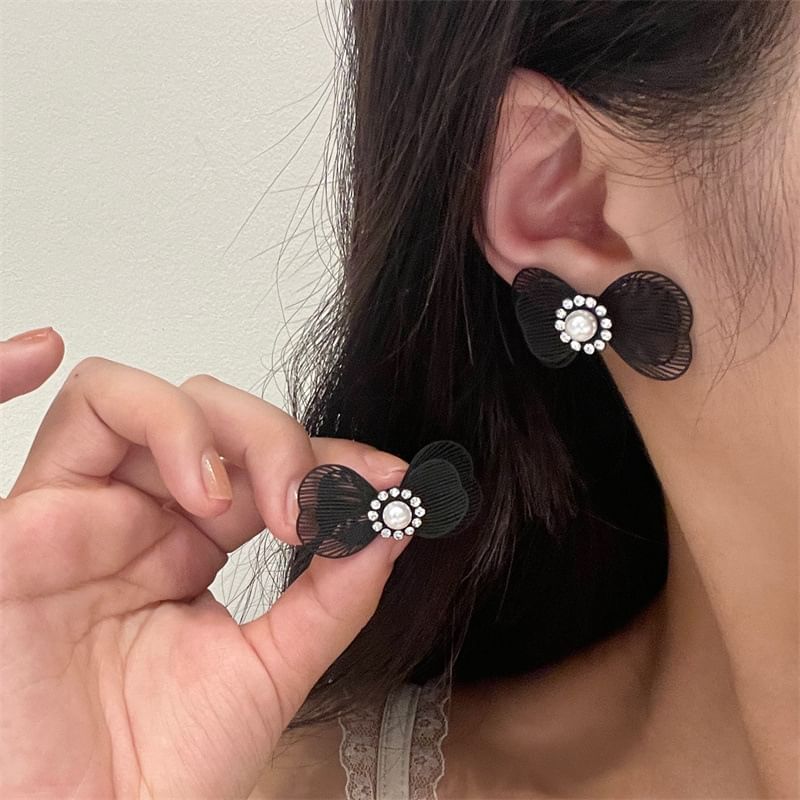 Bow Faux Earring Alloy Stud Pearl