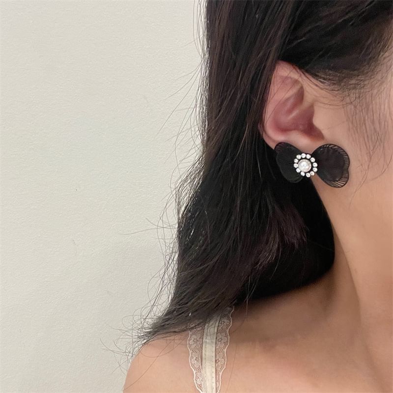 Bow Faux Earring Alloy Stud Pearl