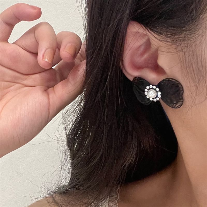 Bow Faux Earring Alloy Stud Pearl