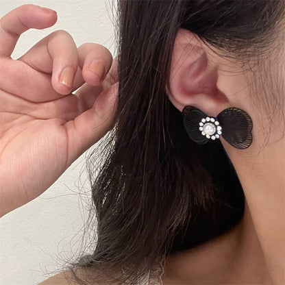 Bow Faux Earring Alloy Stud Pearl