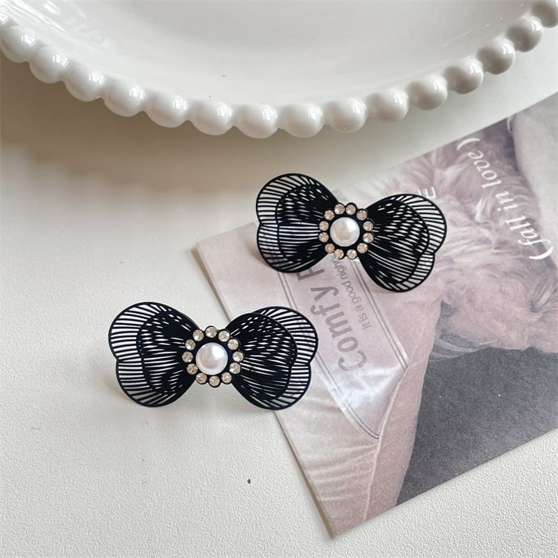 Bow Faux Earring Alloy Stud Pearl