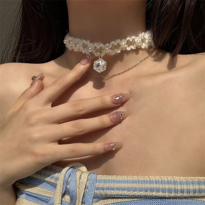 Layered Choker Alloy Yarn Rhinestone