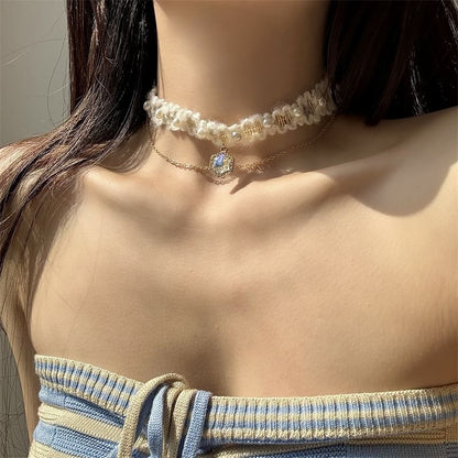 Layered Choker Alloy Yarn Rhinestone
