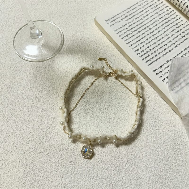 Layered Choker Alloy Yarn Rhinestone