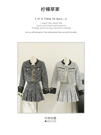 Chic Tweed Jacket and Pleated Skirt Combo