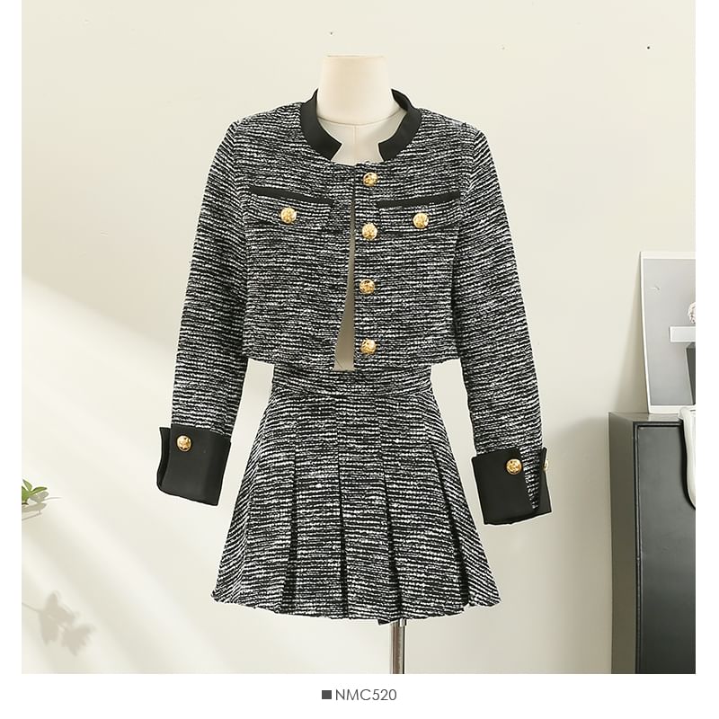 Chic Tweed Jacket and Pleated Skirt Combo