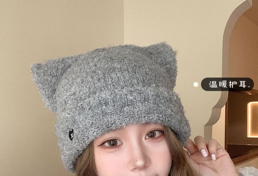 Heart Embroidered Cat Ear Knit Beanie