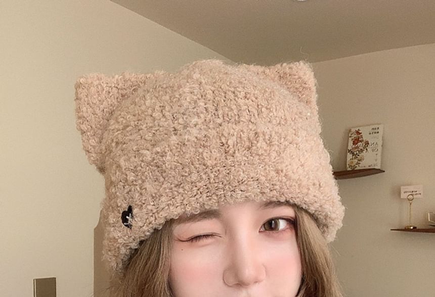 Heart Embroidered Cat Ear Knit Beanie