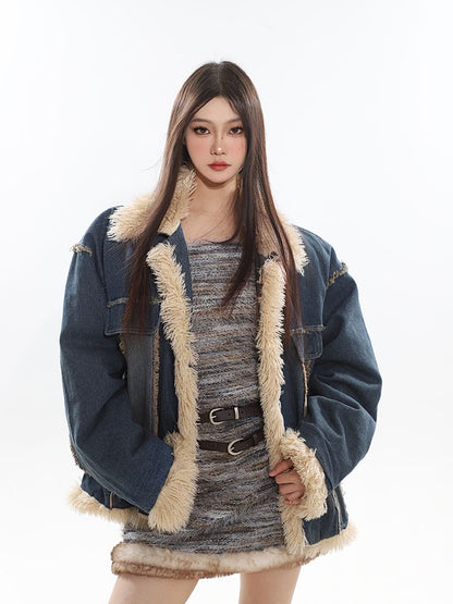 Collared Washed Panel Fluffy Button Denim Jacket