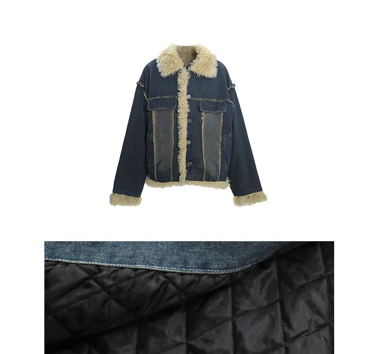 Collared Washed Panel Fluffy Button Denim Jacket