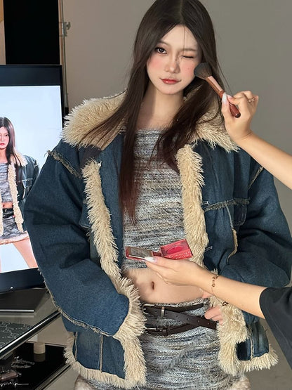 Collared Washed Panel Fluffy Button Denim Jacket