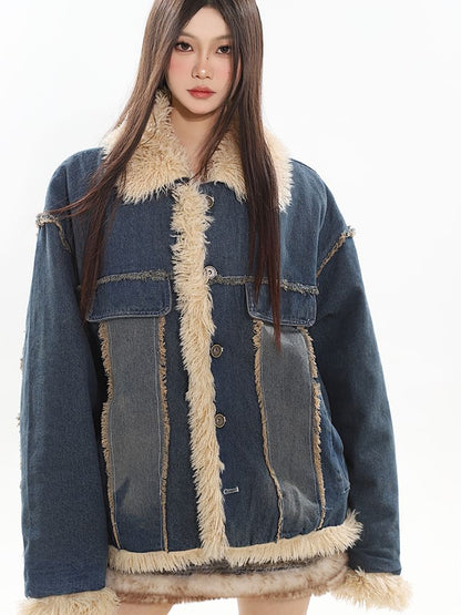 Collared Washed Panel Fluffy Button Denim Jacket