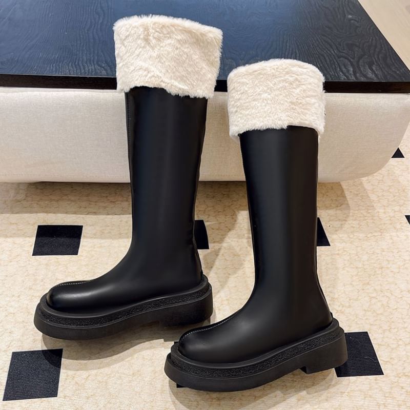 Bottes hautes à talon épais et plateforme avec bordure duveteuse