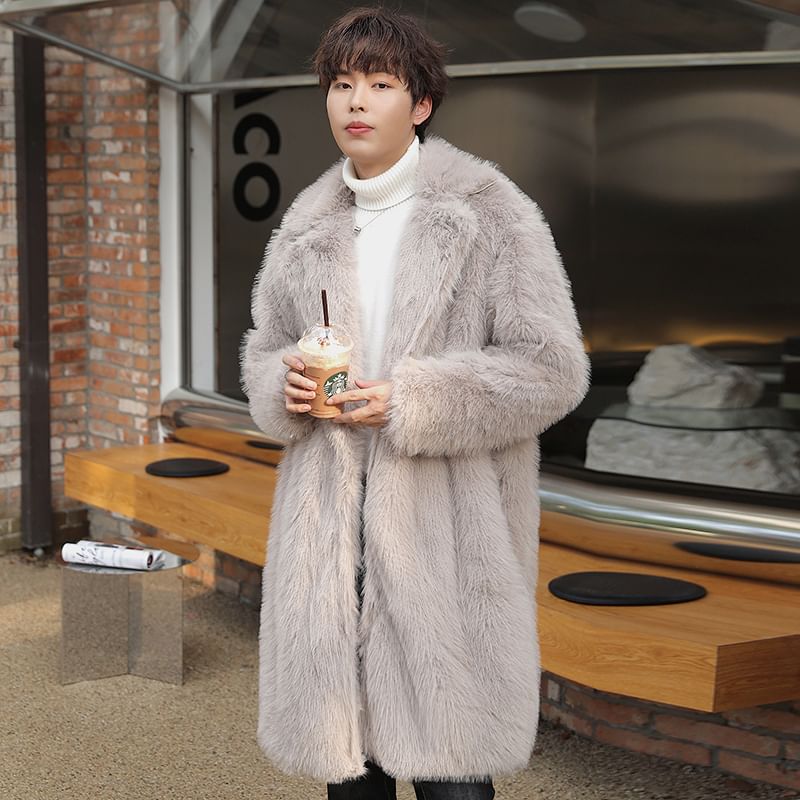 Faux Fur Open Front Plain Long Coat