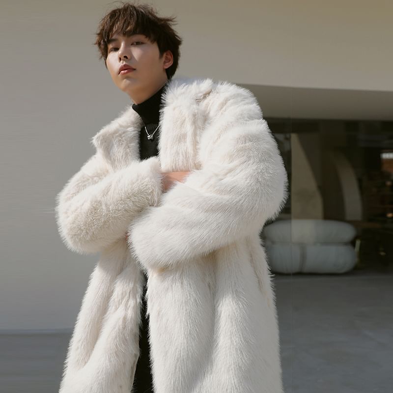 Faux Fur Open Front Plain Long Coat