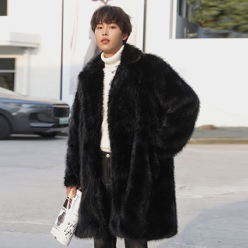 Faux Fur Open Front Plain Long Coat