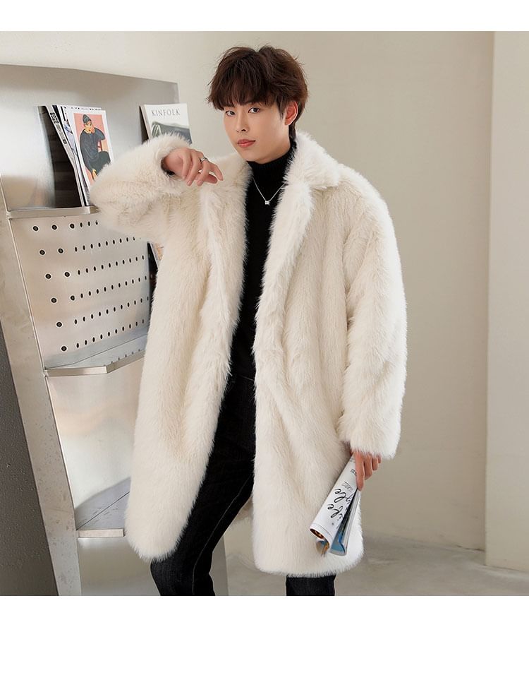 Faux Fur Open Front Plain Long Coat