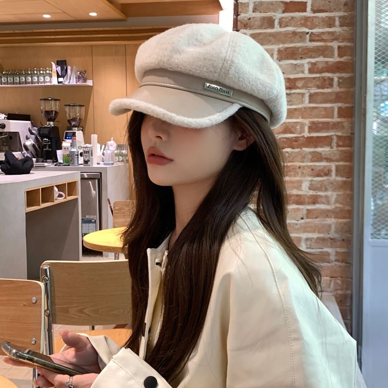 Panel Cap Fleece Leather Newsboy Faux