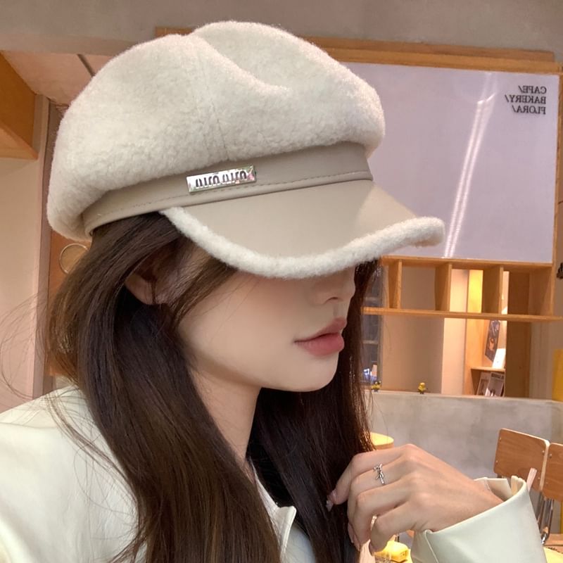 Panel Cap Fleece Leather Newsboy Faux