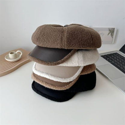 Panel Cap Fleece Leather Newsboy Faux