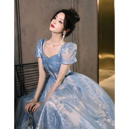 Short-Sleeve V-Neck Mesh Panel Faux Pearl Accent Jacquard Corset A-Line Evening Gown