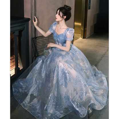 Short-Sleeve V-Neck Mesh Panel Faux Pearl Accent Jacquard Corset A-Line Evening Gown