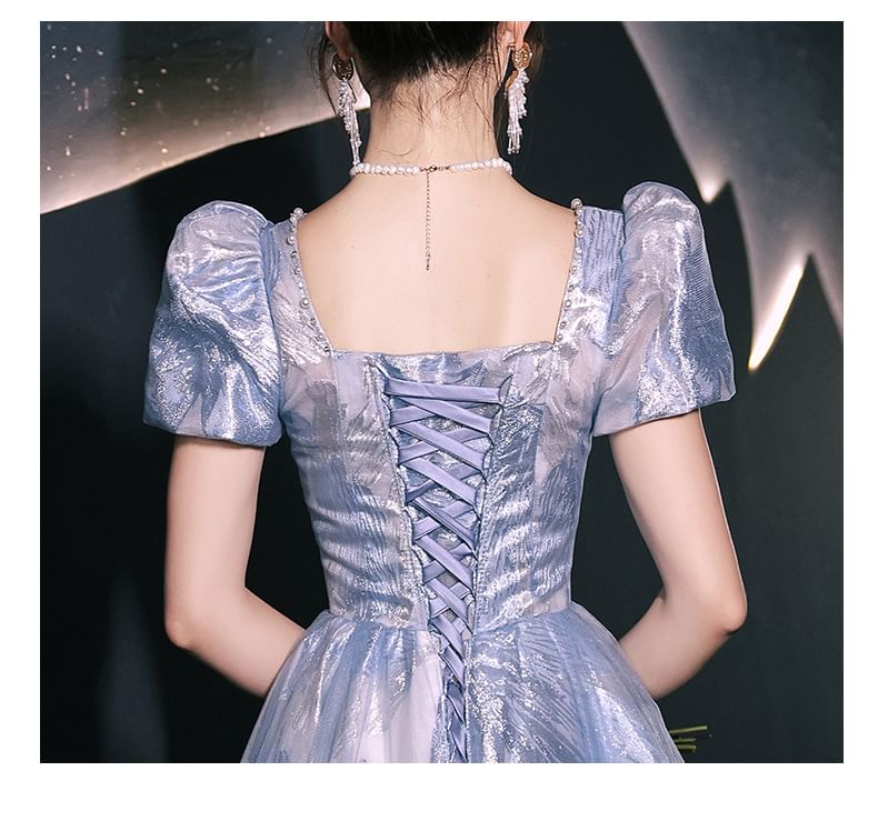 Short-Sleeve V-Neck Mesh Panel Faux Pearl Accent Jacquard Corset A-Line Evening Gown