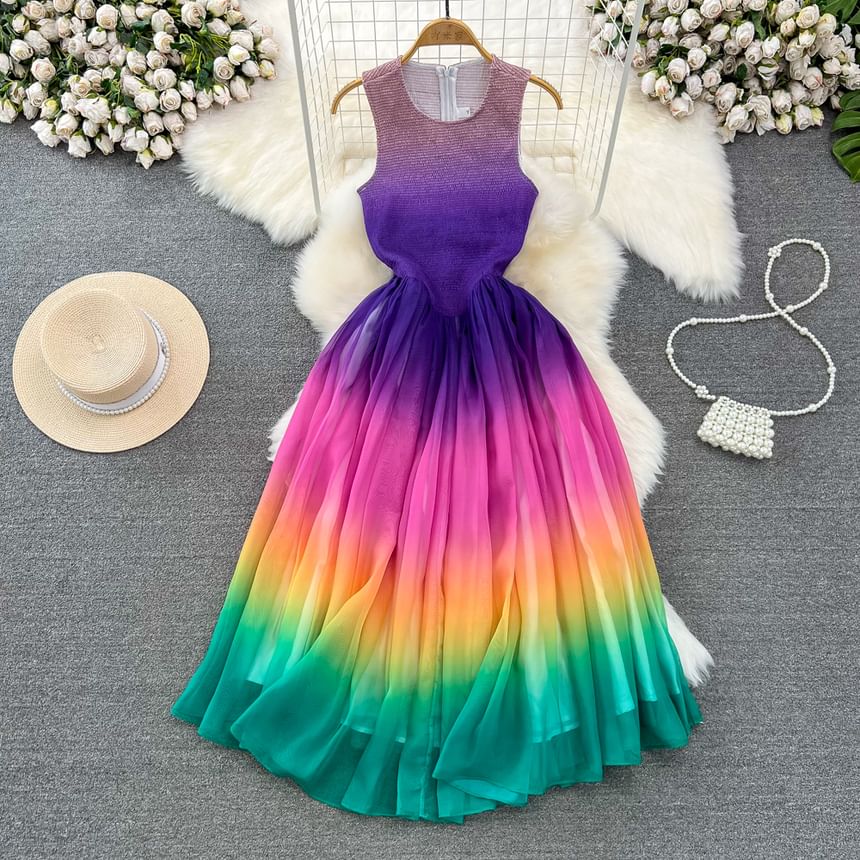 Round Neck Rainbow Gradient Tank Maxi Dress