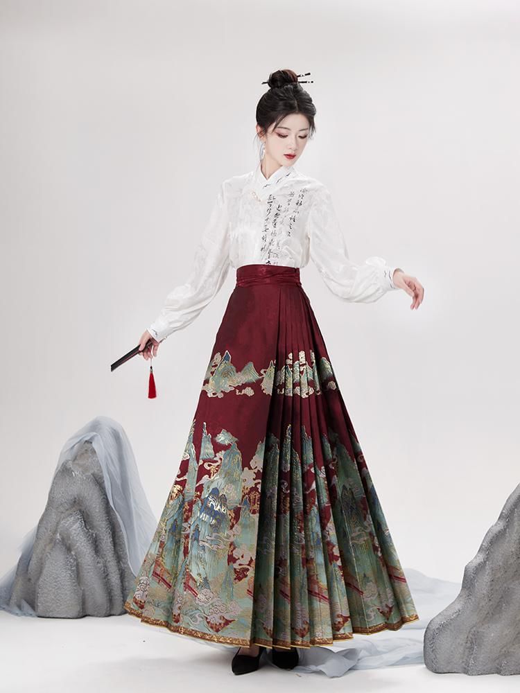 Traditional Chinese Long-Sleeve Print Shirt / High Waist Pleated Skirt