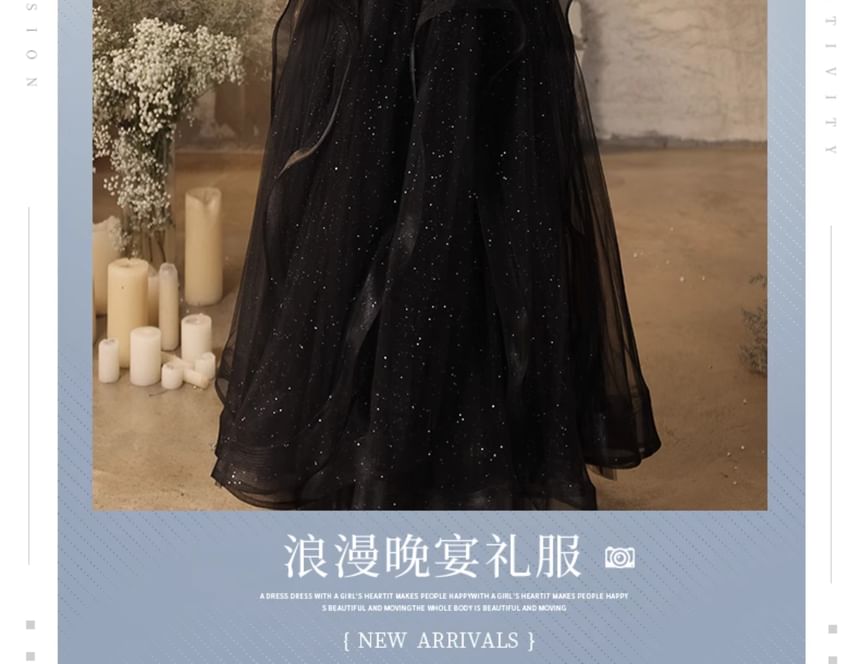 Puff Sleeve Square Neck Plain Rhinestone Glitter Velvet Panel Mesh A-Line Evening Gown