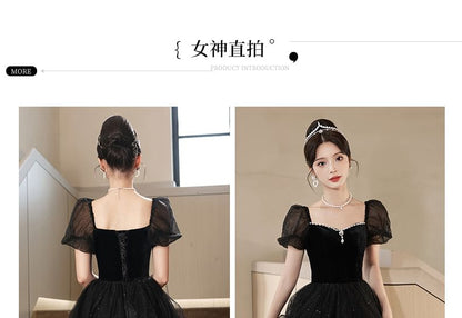 Puff Sleeve Square Neck Plain Rhinestone Glitter Velvet Panel Mesh A-Line Evening Gown
