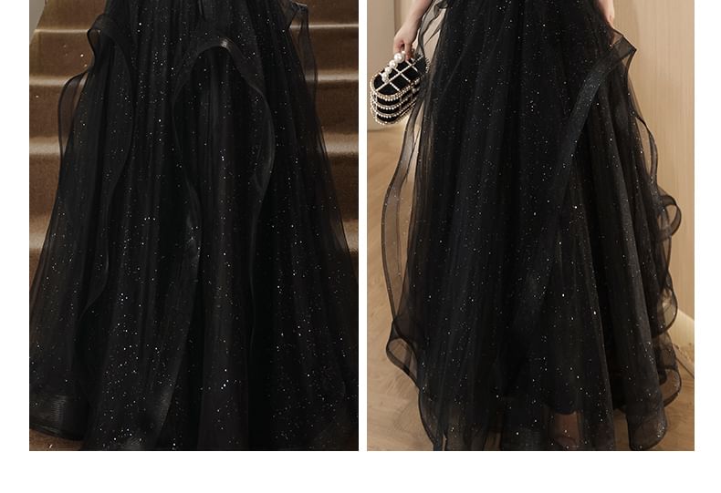 Puff Sleeve Square Neck Plain Rhinestone Glitter Velvet Panel Mesh A-Line Evening Gown