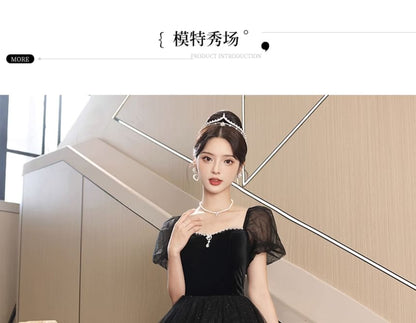Puff Sleeve Square Neck Plain Rhinestone Glitter Velvet Panel Mesh A-Line Evening Gown