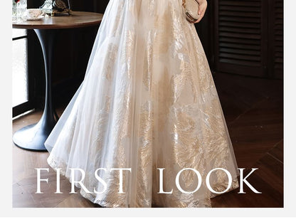 Spaghetti Strap Patterned Beaded Ruched Panel Mesh A-Line Evening Gown