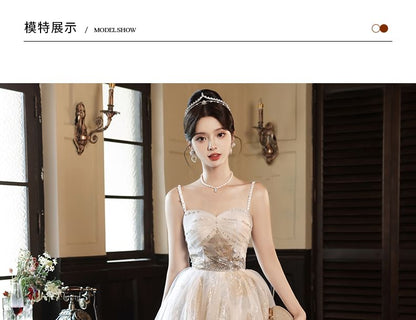 Spaghetti Strap Patterned Beaded Ruched Panel Mesh A-Line Evening Gown