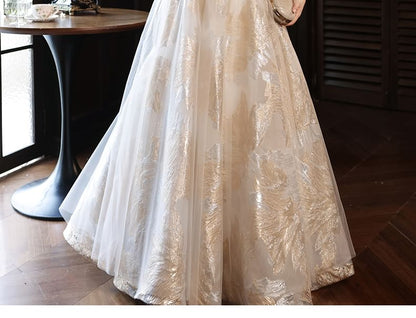 Spaghetti Strap Patterned Beaded Ruched Panel Mesh A-Line Evening Gown