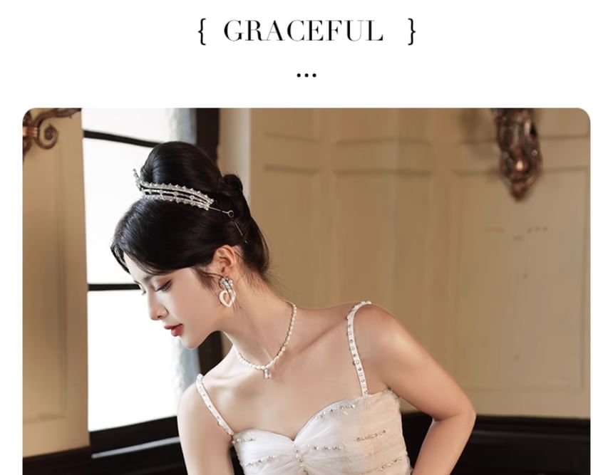 Spaghetti Strap Patterned Beaded Ruched Panel Mesh A-Line Evening Gown