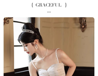 Spaghetti Strap Patterned Beaded Ruched Panel Mesh A-Line Evening Gown