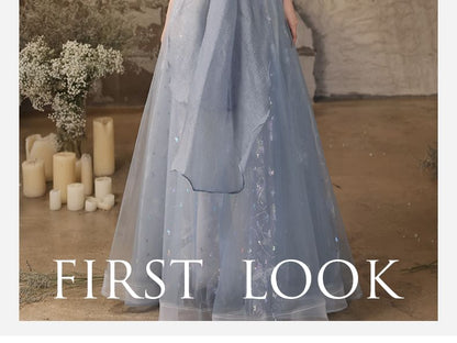 Butterfly Patterned Pleated Panel Mesh A-Line Tube Evening Gown