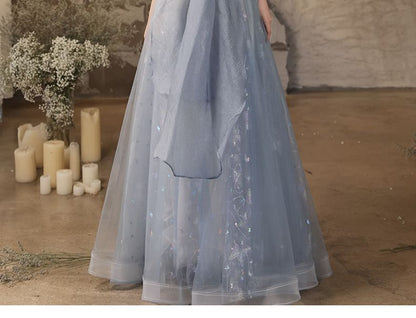 Butterfly Patterned Pleated Panel Mesh A-Line Tube Evening Gown