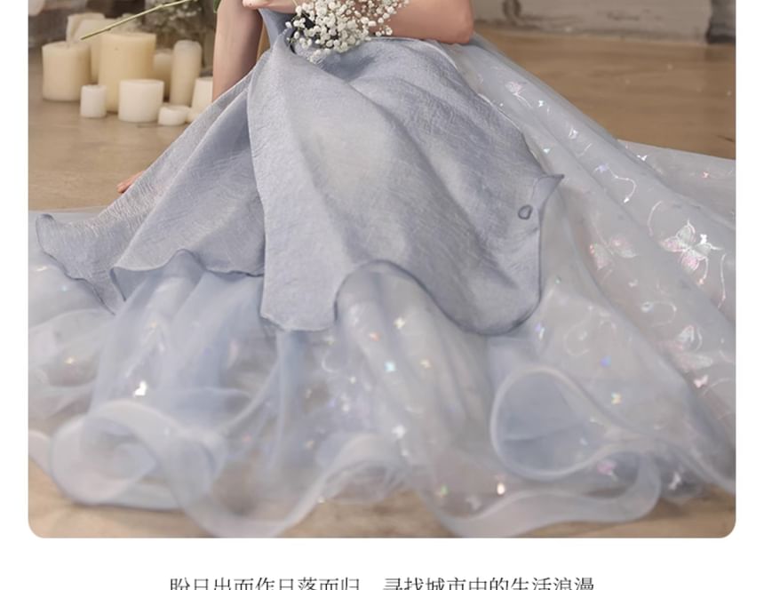 Butterfly Patterned Pleated Panel Mesh A-Line Tube Evening Gown