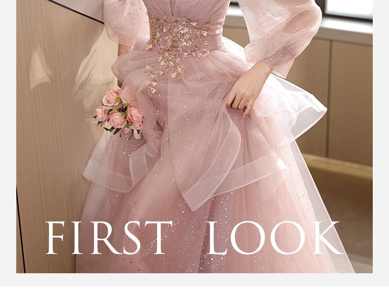 Long-Sleeve Square Neck Floral Beaded Glitter Ruffle Mesh A-Line Evening Gown