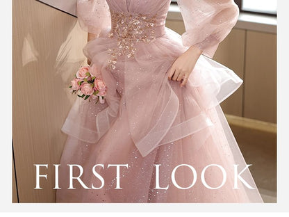 Long-Sleeve Square Neck Floral Beaded Glitter Ruffle Mesh A-Line Evening Gown