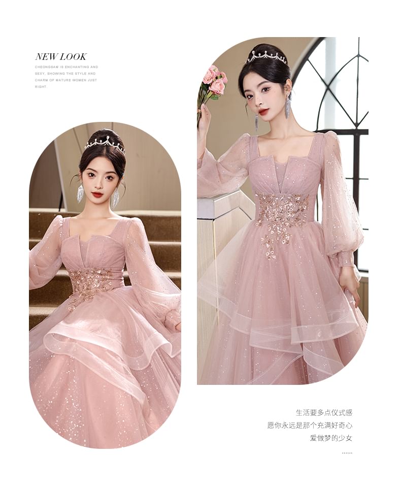 Long-Sleeve Square Neck Floral Beaded Glitter Ruffle Mesh A-Line Evening Gown