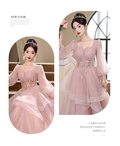 Long-Sleeve Square Neck Floral Beaded Glitter Ruffle Mesh A-Line Evening Gown